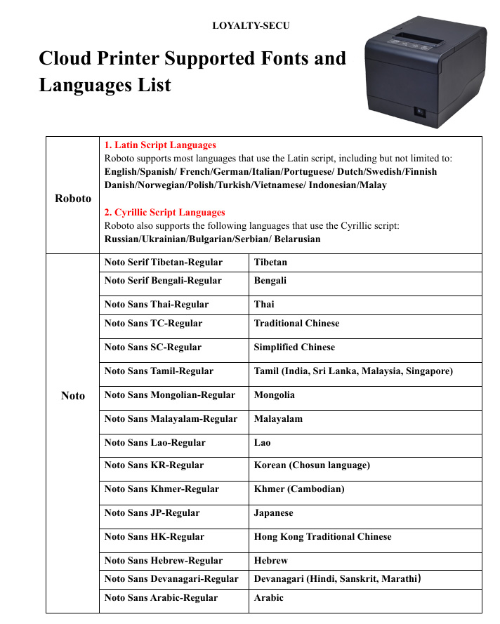 Cloud Printer Supported Fonts and Languages List LOYALTY-SECU