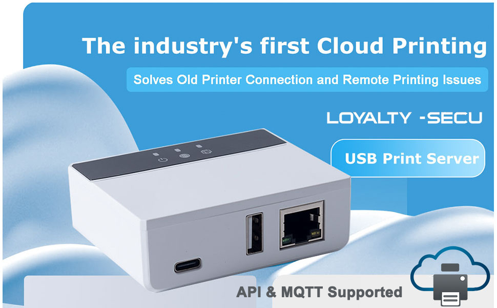 Cloud print server adapter with API and MQTT Server