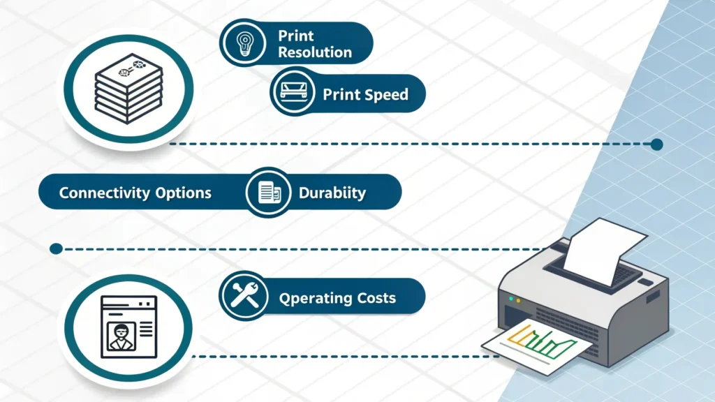 Checklist or infographic showing key selection factors for thermal printers