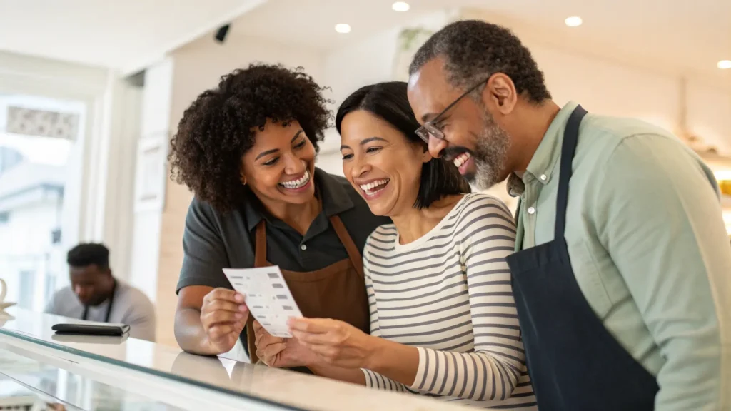 customers looking at a receipt from a multilingual printer