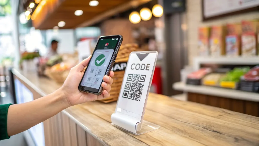 Customer's phone showing successful CODE QR payment at a counter