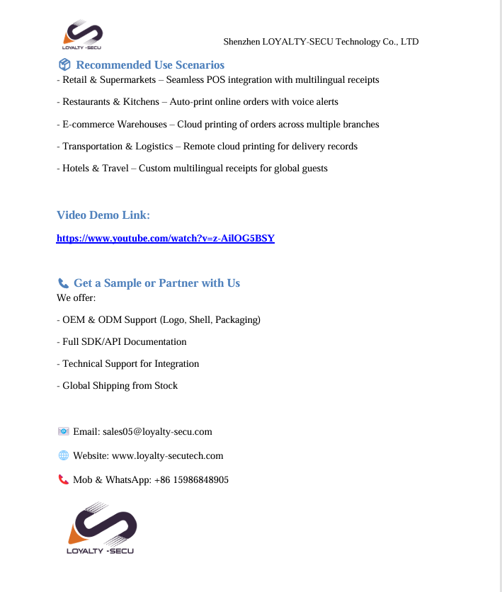 thermal cloud printer multi-language for POS ERP System with API SDK LOYALTY-SECU