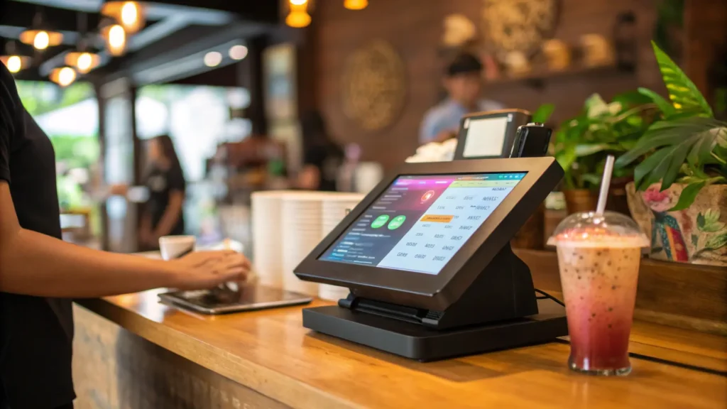 touch POS terminal on cafe counter with tablet and beverage
