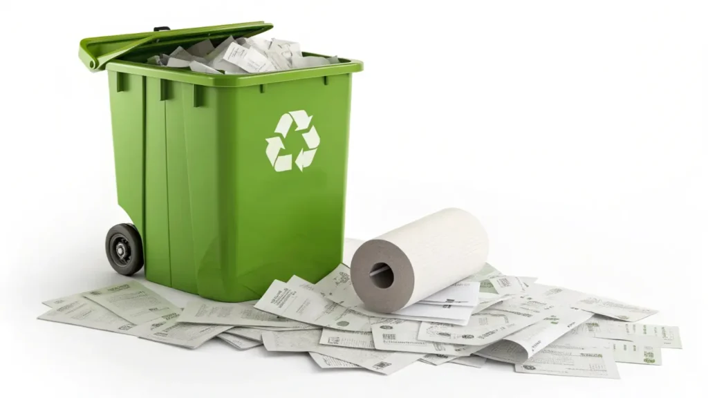 Green recycling bin overflowing with paper receipts and a large paper roll