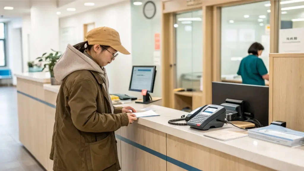 standing-alone-at-the-front-desk-making-payment